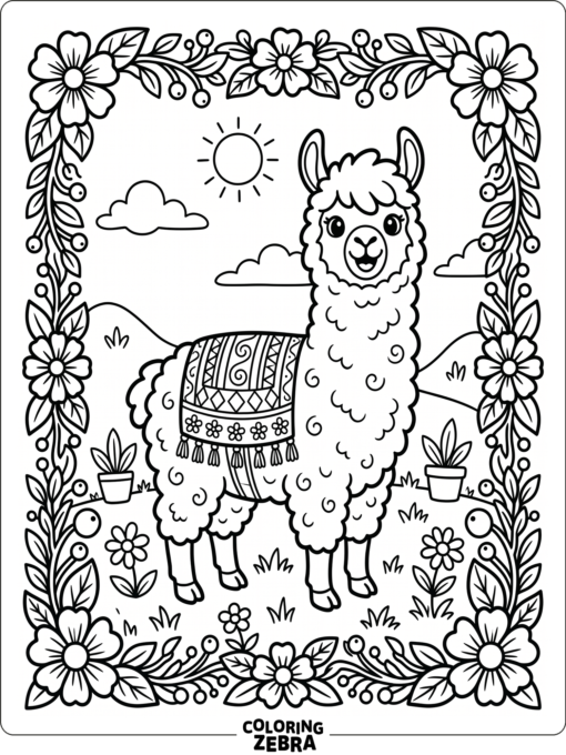 An alpaca with a patterned blanket and floral border
