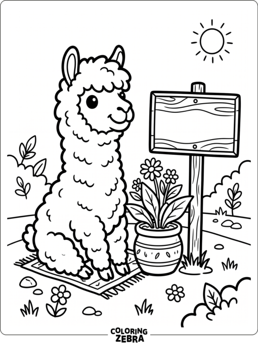 A sitting alpaca beside a potted plant and sign