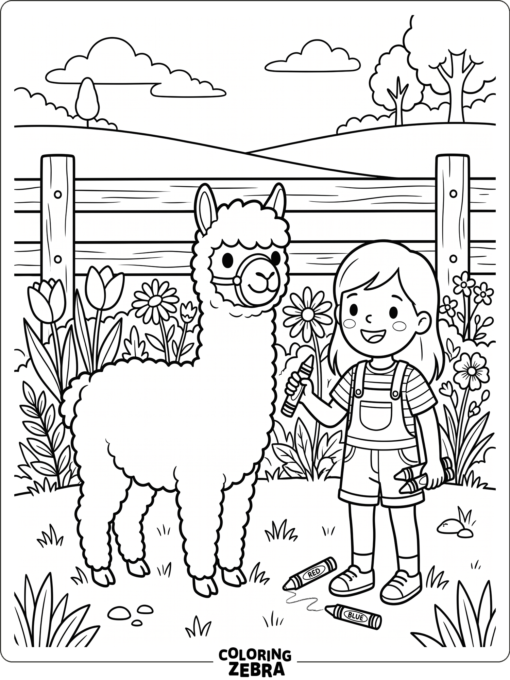 An alpaca and a child coloring together near a fence