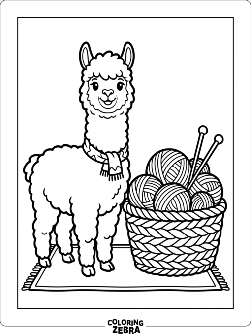 An alpaca standing beside a yarn basket