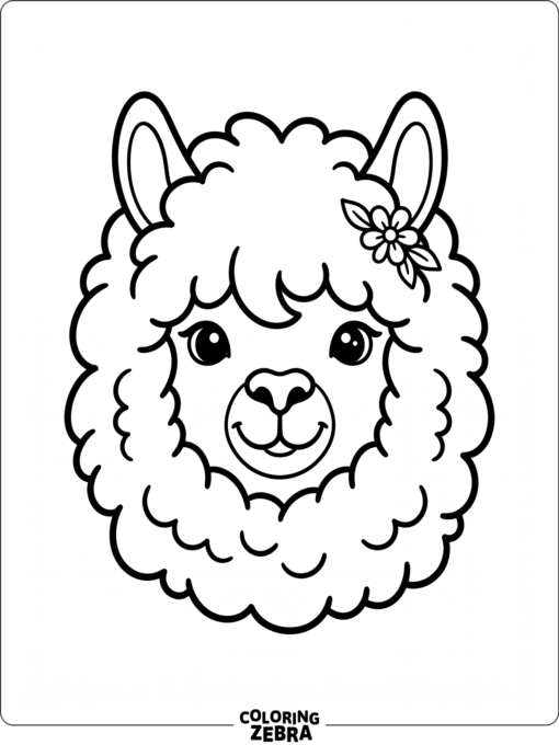 A close-up alpaca face with soft fur and a flower