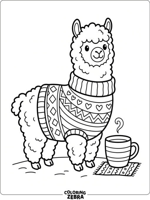 An alpaca wearing a sweater with a mug nearby