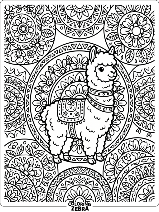 An alpaca surrounded by floral and geometric patterns
