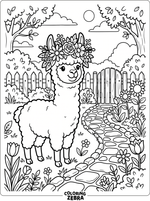 An alpaca wearing a flower crown near a garden path