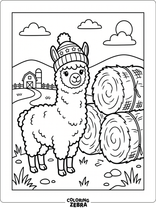 An alpaca wearing a knit hat beside hay bales