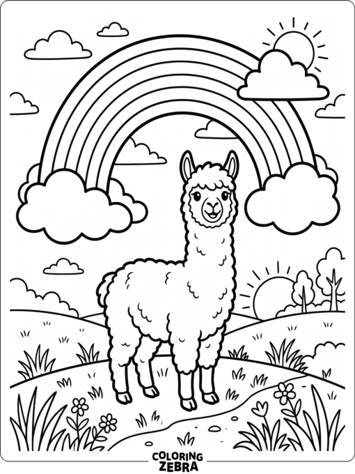 An alpaca standing under a rainbow with clouds overhead