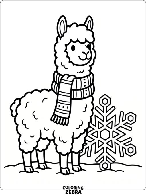 An alpaca wearing a scarf beside a snowflake