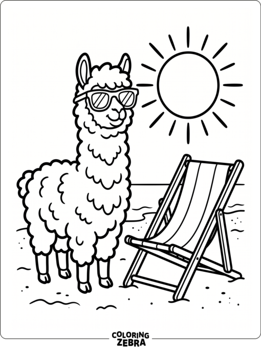An alpaca wearing sunglasses near a beach chair