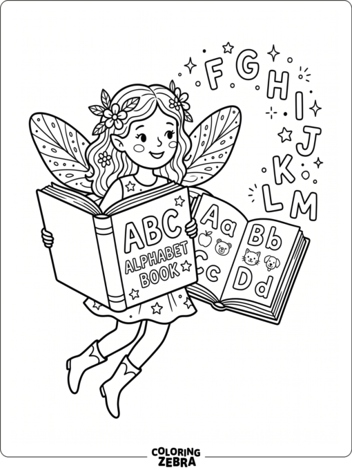 A fairy holding a book with floating alphabet letters