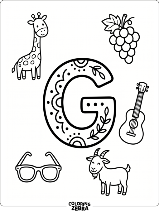 Uppercase letter G with small alphabet icons around it