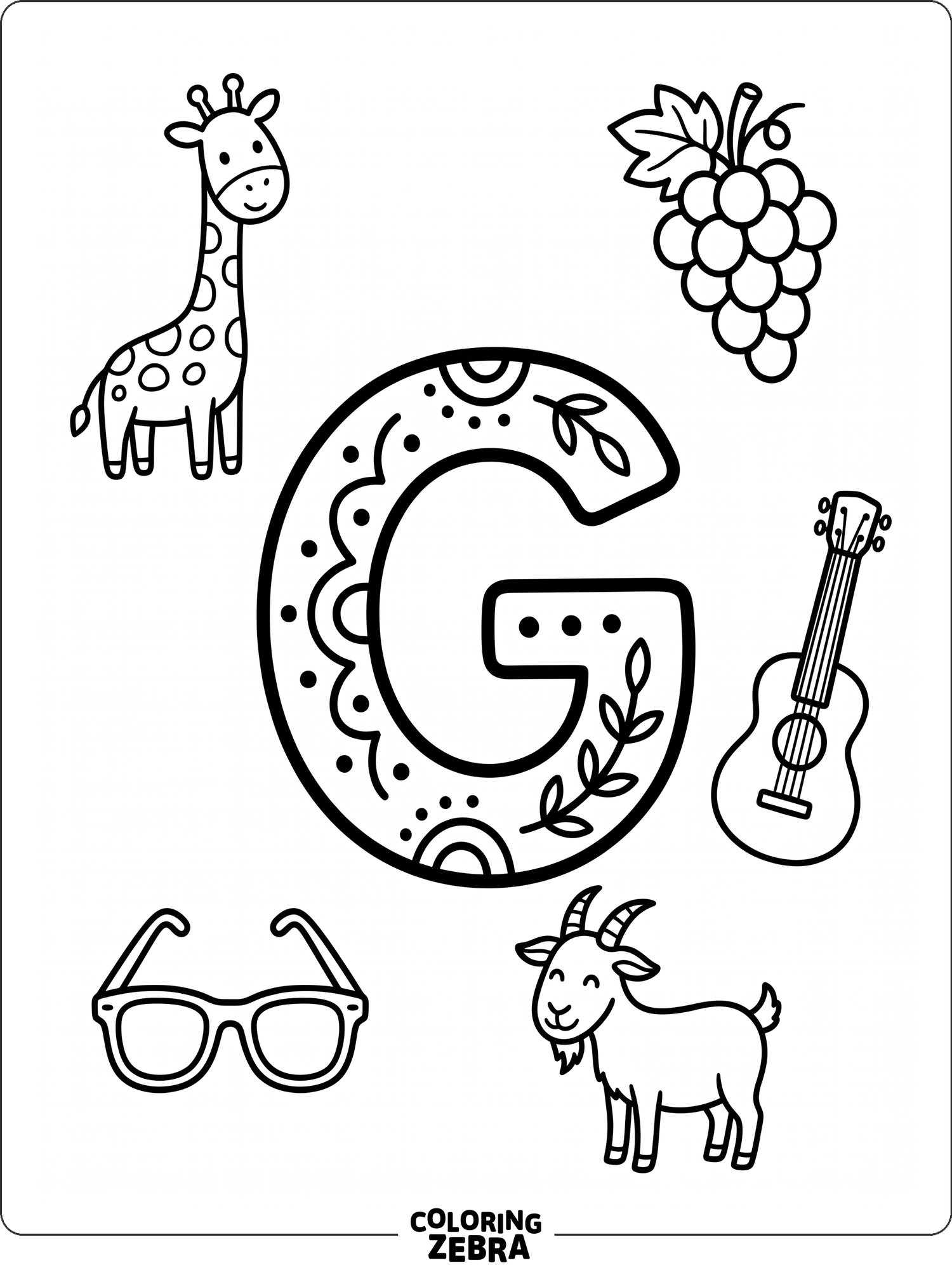Uppercase letter G with small alphabet icons around it