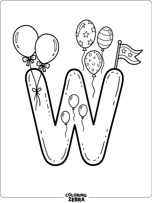 An alphabet W with balloons and a flag