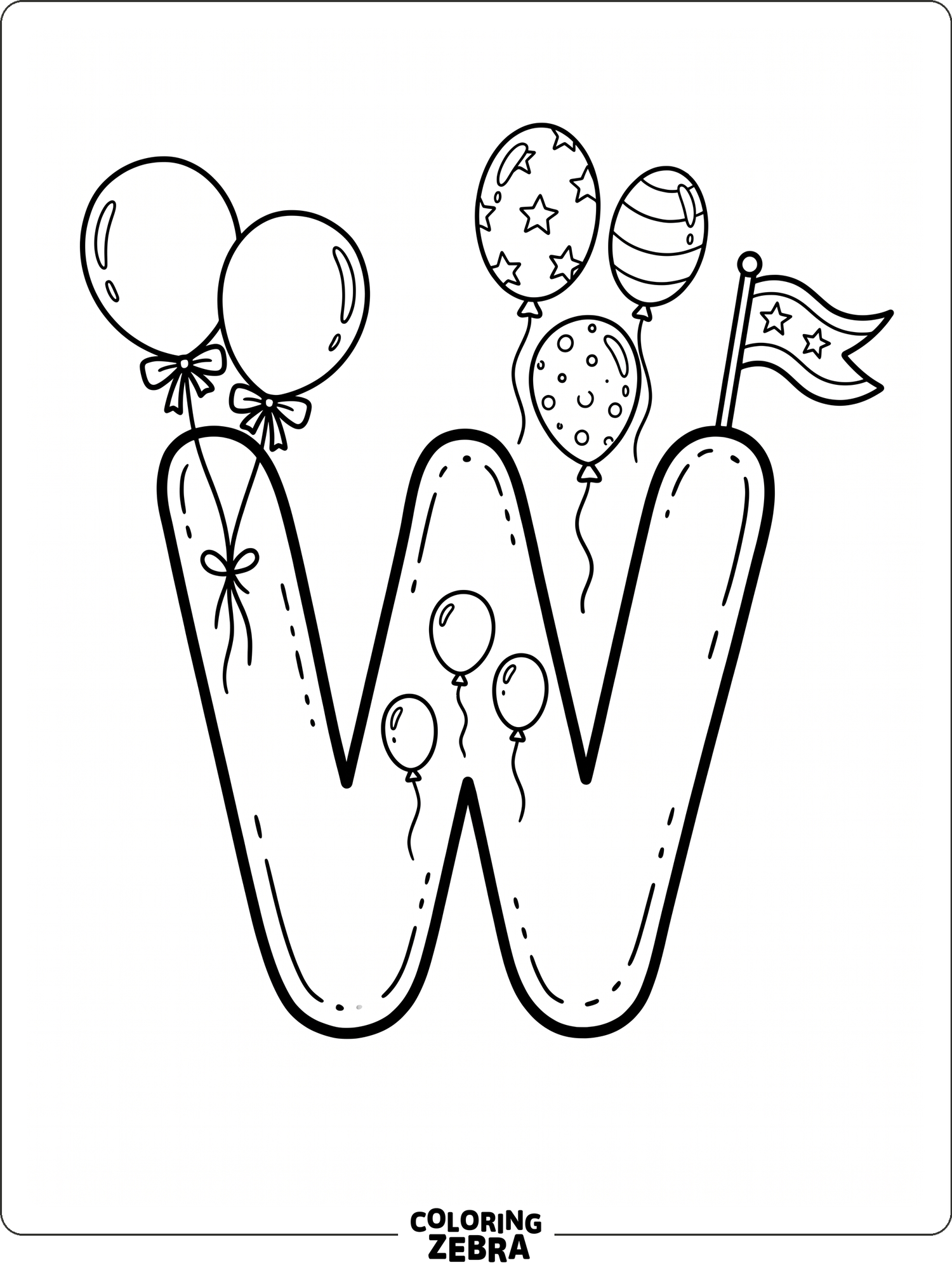 An alphabet W with balloons and a flag
