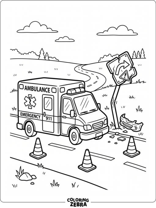 An ambulance at an accident scene with cones and a road sign