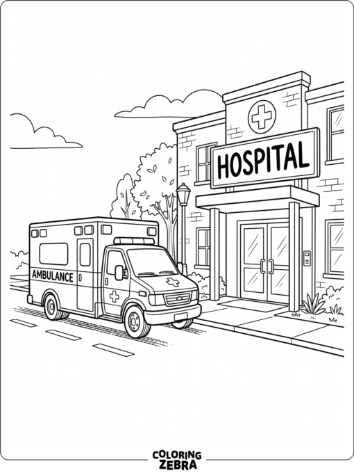 An ambulance parked outside hospital doors