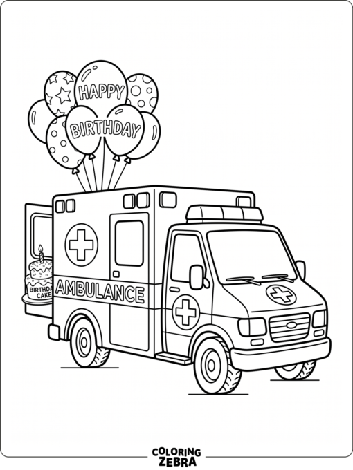 An ambulance with birthday balloons and a cake