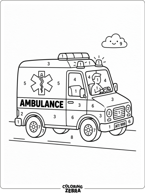 An ambulance with numbered sections for coloring