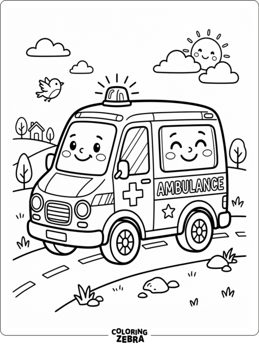 A kid-friendly ambulance with a simple road beneath it