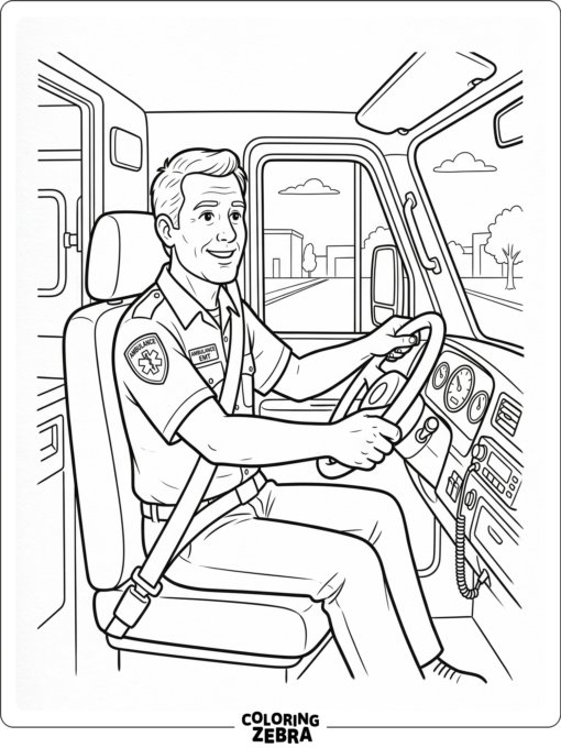 An ambulance driver sitting inside the vehicle