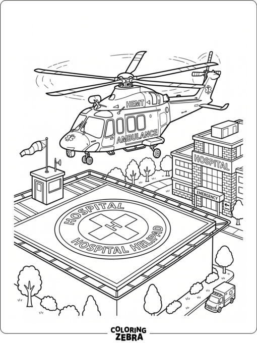 An ambulance helicopter hovering near a hospital landing pad