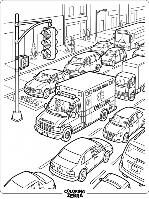 An ambulance in traffic near a stoplight
