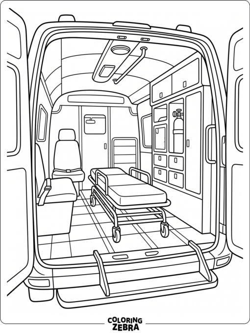 Inside an ambulance with a stretcher and cabinets