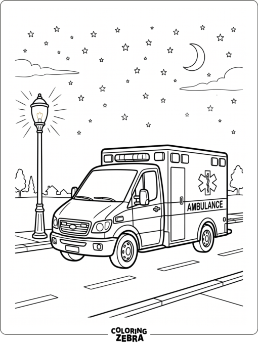 An ambulance at night under stars and a streetlamp