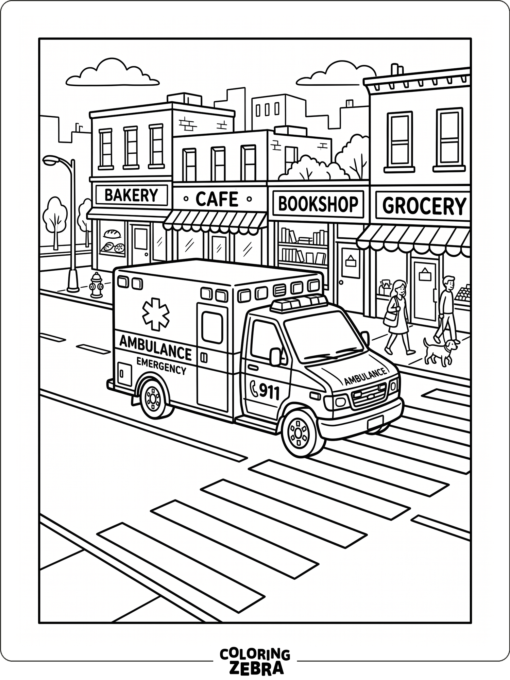 An ambulance driving along a city street