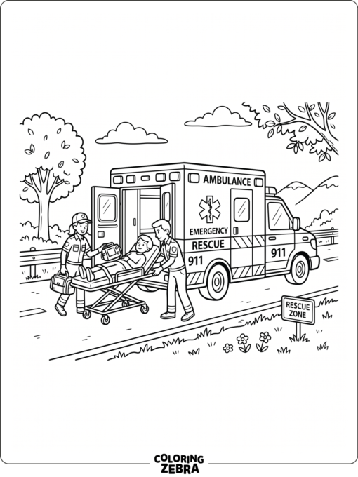 An ambulance at a roadside rescue scene with a patient