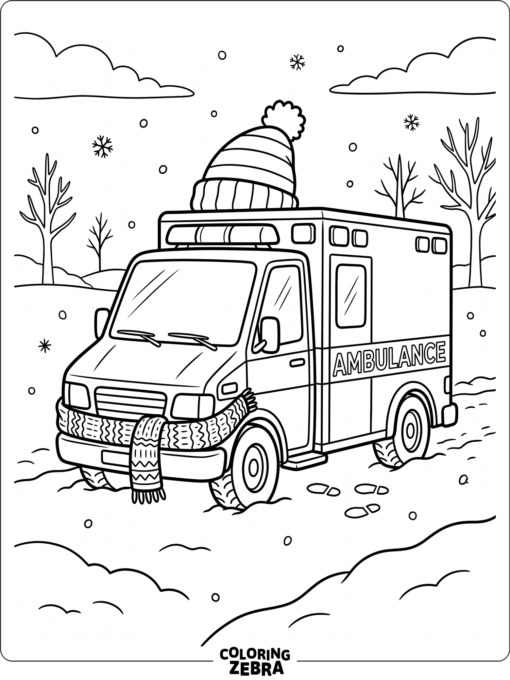 An ambulance in snow with a scarf and winter hat
