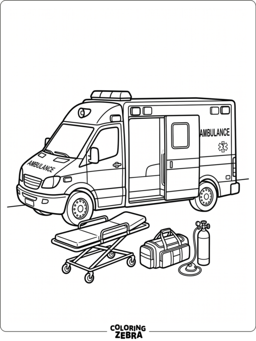 An ambulance with a stretcher, medical bag, and oxygen tank