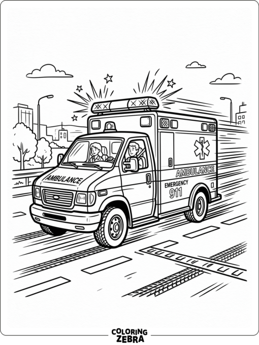 An ambulance with flashing siren lights and motion lines