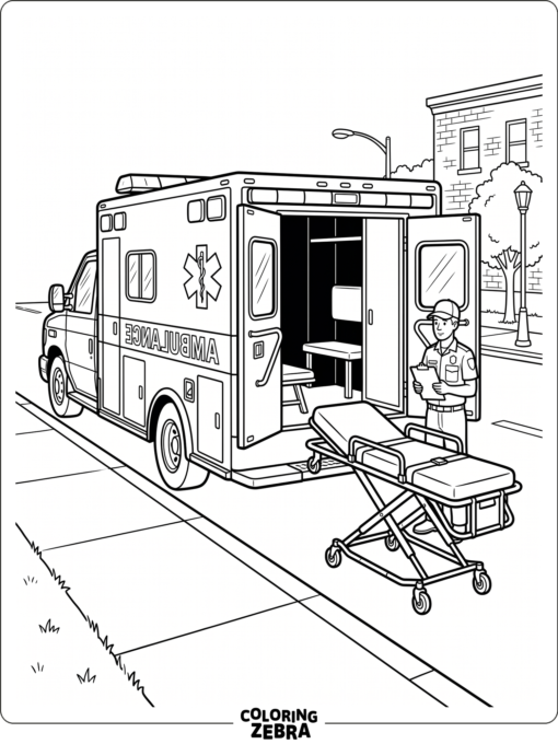 An ambulance with a stretcher near open rear doors