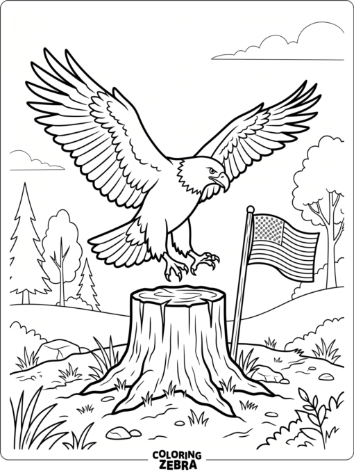 A bald eagle landing beside a small flag