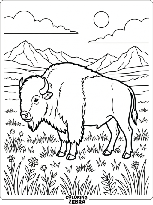 An American bison standing on prairie grass with distant mountains