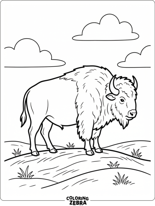 An American buffalo on a prairie ridge with simple clouds above