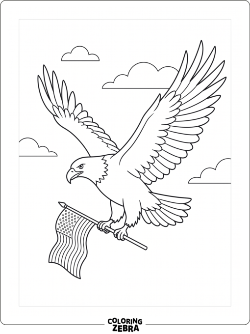An American eagle flies with a flag in its claws