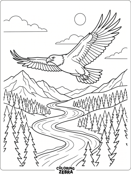 An eagle with wings spread over a river