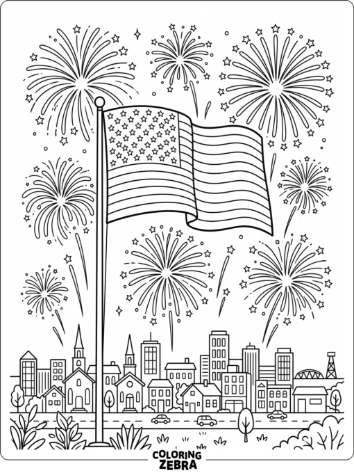 Flag and Fireworks Over Skyline