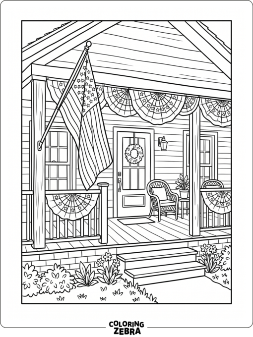 Porch with bunting and a hanging flag