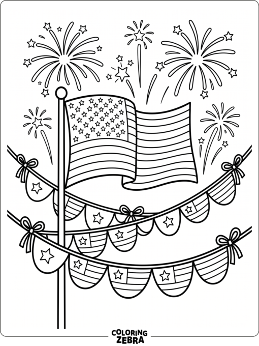 American flag with fireworks and bunting