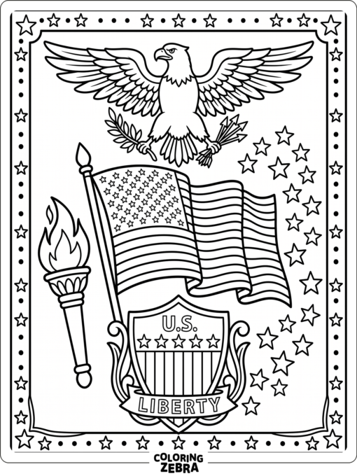 Patriotic symbols surrounding a flag