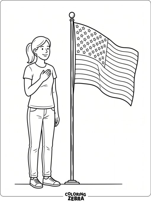 Person saluting beside a tall flag