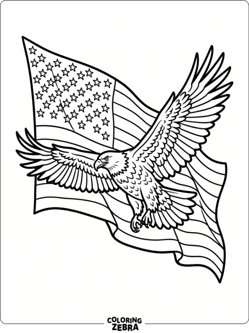An American flag behind a flying eagle