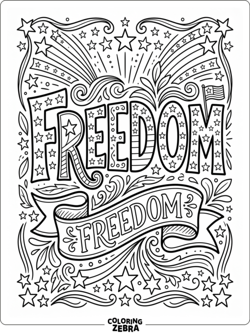 The word freedom with stars, stripes, and a flowing banner