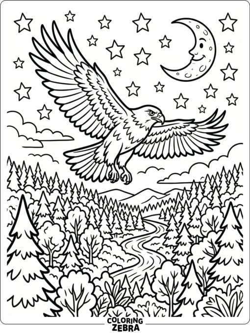 An American hawk flying over a forest