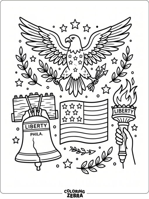 An eagle, flag, bell, and torch in a patriotic collage