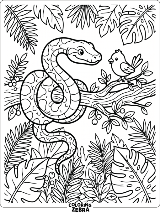 An anaconda and a bird near jungle leaves