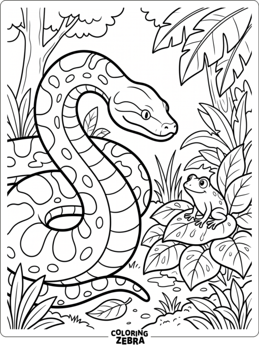 An anaconda and a frog near wet leaves