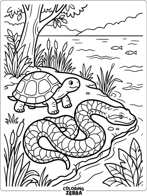 An anaconda near a turtle on a riverbank